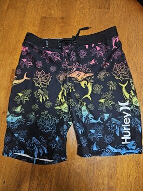 Hurley Black Swim Board Shorts with Rainbow Shark & Lotus Print